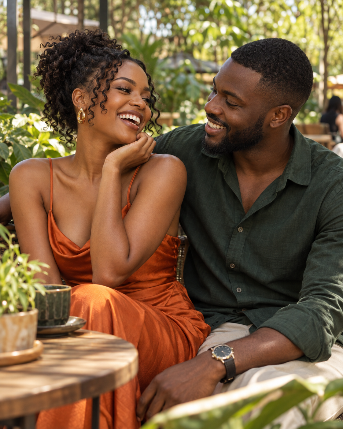 A couple sharing a laugh in a sunlit garden café